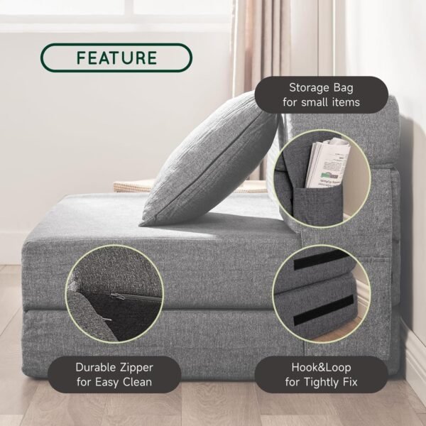 Z-hom Folding Sofa Bed, 2024 Upgraded 6 inch Memory Foam Couch, Convertible Sleeper Chair Floor Couch, Futon Sofa Sleeper Chair with Pillow & Washable Cover for Living Room/Bedroom/Guest, Grey - Image 4