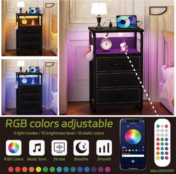 Tall Nightstand Set of 2 with Charging Station, Bed Side Tables Bedroom Set of 2, Black Night Stand Set 2, Bedside Table with 3 Fabric Drawers, Night End Table with Storage for Bedroom, Dorm - Image 4