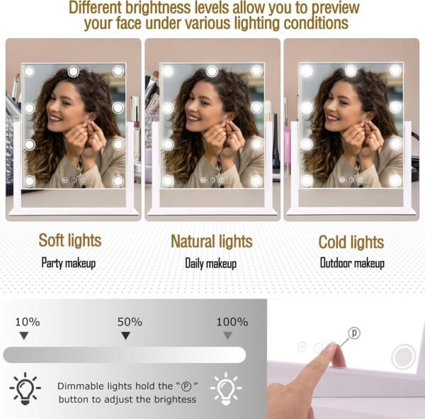 EYMPEU Vanity Mirror with Lights, Hollywood Makeup Mirror with 3 Color Light Modes and 9 Dimable Built in LED Bulbs, Free Rotation Touch-Sensitive Controls Lighted LED Makeup Mirror - Image 4