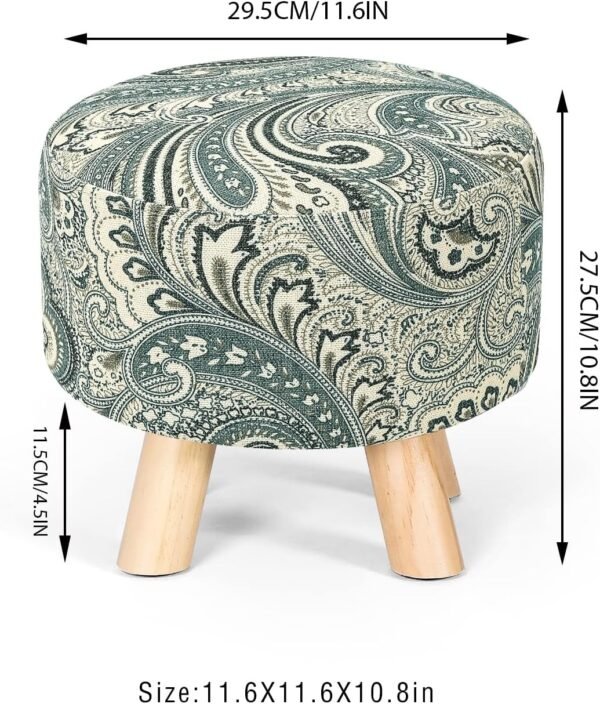 Asense Small Round Ottoman Foot Rest Stool Linen Padded Seat Footstool Ottoman with Non-Skid Wooden Legs (Blue+Beige,Linen) - Image 3