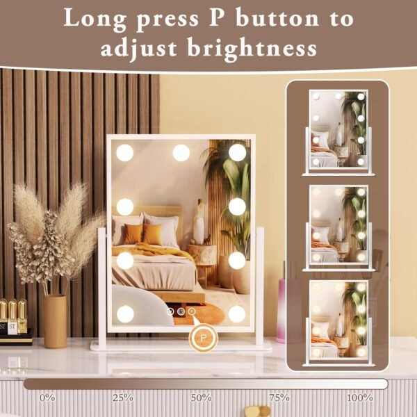 Vanity Mirror with Lights, Lighted Makeup Mirror Hollywood Makeup Mirror with 9 Dimmable Bulbs and 3 Color Lighting Modes, Smart Touch Control, 360°Rotation - Image 3