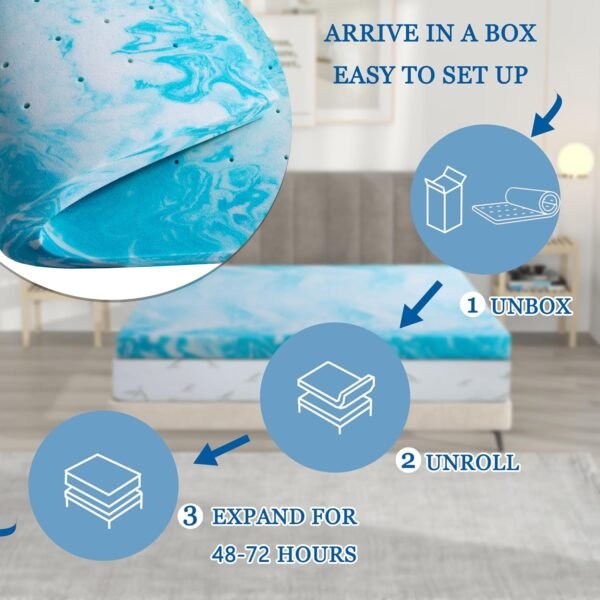 KYLE & KAY 2" Foam Mattress Topper,Twin Memory Mattress,Foam Mattress Topper,College Dorm Mattress, Ventilated and Breathable,Full Cooling Gel, 38 x 75in,Blue - Image 4