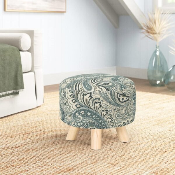 Asense Small Round Ottoman Foot Rest Stool Linen Padded Seat Footstool Ottoman with Non-Skid Wooden Legs (Blue+Beige,Linen) - Image 4