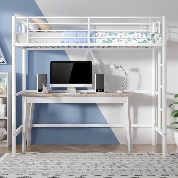 VECELO Loft Bed Twin Size, Metal Bedframe with Removable Ladder and Safety Guardrail, No Box Spring Needed, Space Saving, Noise Free, White - Image 6