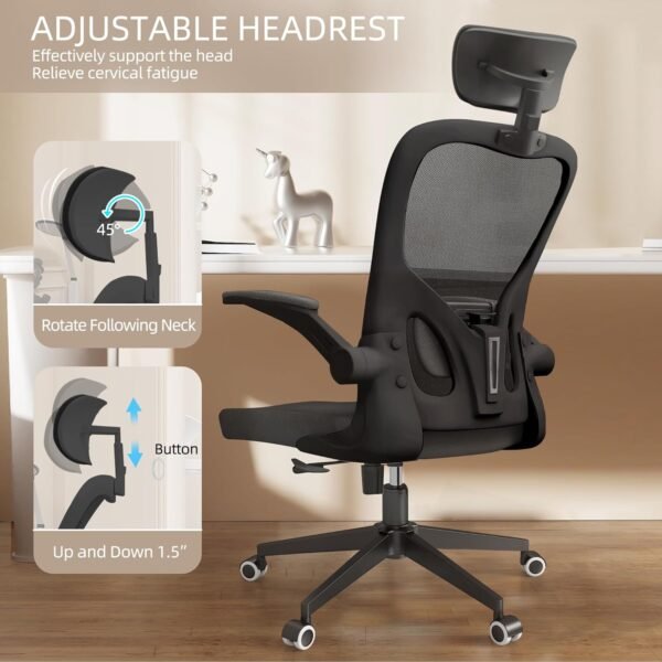 Ergonomic Office Chair,High Back Mesh Computer Desk Chair with Flip-up Arms,Adjustable Lumbar Support&Headrest,Comfy Swivel Rolling Task Chair for Home Office, Study,College Dorm.Black. - Image 5