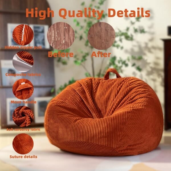 Large Stuffed Animal Storage Bean Bag Chair （No Filler）, 3 ft Giant Heavy Soft Corduroy Bean Bag Cover for Kids Teens & Adults，Round Fluffy Sofa for Home Living Room Bedroom College Dorm - Image 3