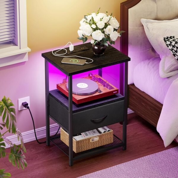 Fixwal Night Stand with Charging Station, LED Nightstand with Fabric Drawers, End Table with PU Finish, Bedside Table, Black - Image 2