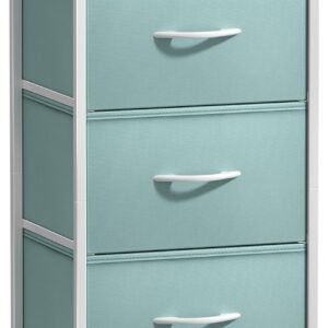 Sorbus Nightstand with 3 Drawers – Bedside Furniture & Accent End Table Chest for Home, Bedroom Accessories, Office, College Dorm, Steel Frame, Wood Top, Pastel Fabric Bins (Aqua)