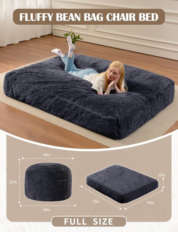Bean Bag Chairs for Adults Teens Convertible Chair Mattress, Bean Bags Chair with Removable Plush Cover, Sleeper Chair That Turns into Mattress, Full, Dark Grey - Image 2