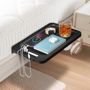 Bedside Shelf for Bunk Bed – Dorm Bed Shelf with Cup Holder, Night Light Socket, and Hook Versatile Bed Shelf for Dorm Room Essentials, Loft Nightstand, and Dorm Bed Storage Solution