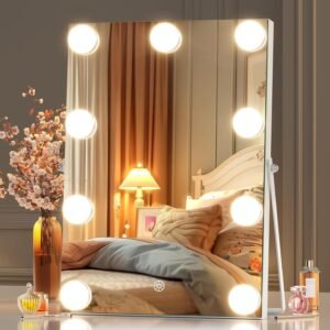 Hasipu Vanity Mirror with Lights, 9.8″ x 13.8″ Hollywood Mirror, Makeup Mirror with 9 Dimmable Bulbs, Smart Touch 3 Colors Dimmable, 360° Rotation, White