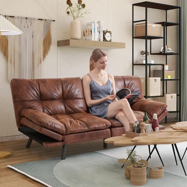 Opoiar Futon Sofa Bed, Memory Foam Couch Bed with Mattress and Frame Included,Comfortable Brown Faxu Leather Loveseat Sleeper Sofa for Dorm Apartment Office College Small Space Bedroom RV Living Room - Image 2