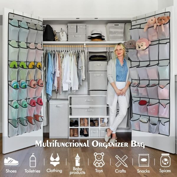 2 Pack Over The Door Shoes Organizers, Behind Door Shoes Hang Holder Rack with 48 Mesh Large Pockets, Clear Fabric Shoes Hanger Storage Organizer Bag for Bedroom,Pantry,Dorm,White - Image 2