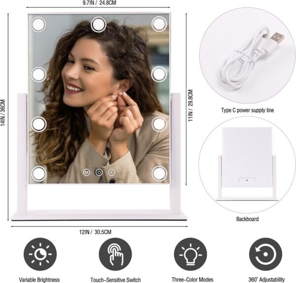 EYMPEU Vanity Mirror with Lights, Hollywood Makeup Mirror with 3 Color Light Modes and 9 Dimable Built in LED Bulbs, Free Rotation Touch-Sensitive Controls Lighted LED Makeup Mirror - Image 2