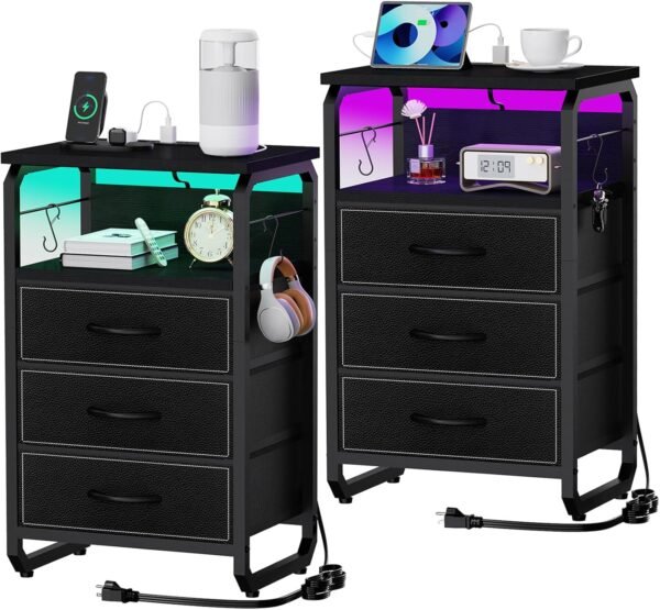 Tall Nightstand Set of 2 with Charging Station, Bed Side Tables Bedroom Set of 2, Black Night Stand Set 2, Bedside Table with 3 Fabric Drawers, Night End Table with Storage for Bedroom, Dorm