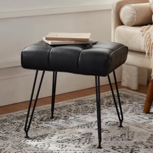 PU Leather Vanity Stools, Vanity Stool Chairs for Makeup Faux Leather Foot Stools Ottoman with Metal Leg Make up Chairs for Vanity Small Bench Seat for Living Room Bedroom (Black)