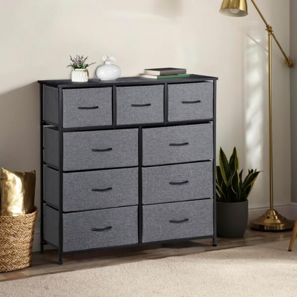 ZENY 9 Drawers Dresser, Fabric Storage Tower, Organizer Unit for Bedroom, Living Room, Hallway, Closet, Nursery, Tall Chest with Fabric Bins, Steel Frame, Wooden Top & Easy Pull Handle (Grey) - Image 2