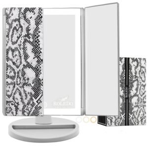 RoLeDo 3 Folds Lighted Vanity Makeup Mirror, 72 LED Makeup Mirror with Lights 1X 2X/5X Magnification Touch Screen 3 Color Lighting Portable Cosmetic Mirror Desk, Women Gifts, Teen Girls, Snake Print