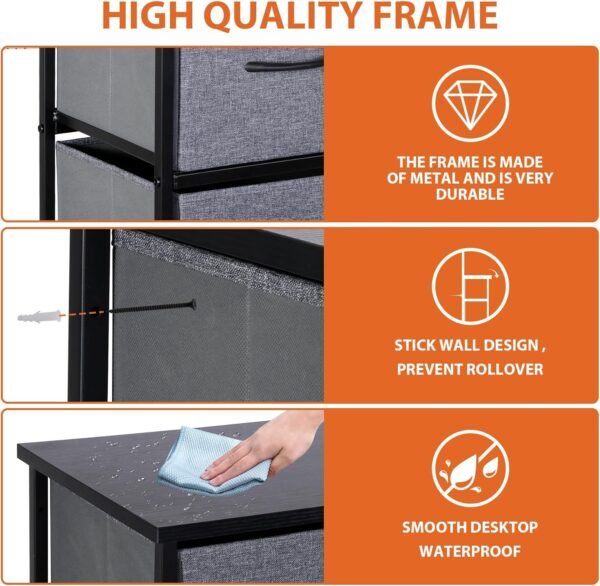 ZENY 9 Drawers Dresser, Fabric Storage Tower, Organizer Unit for Bedroom, Living Room, Hallway, Closet, Nursery, Tall Chest with Fabric Bins, Steel Frame, Wooden Top & Easy Pull Handle (Grey) - Image 5