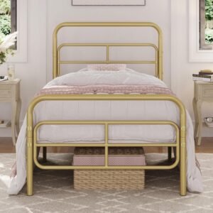 Topeakmart Twin XL Bed Frames Metal Platform Bed with Modern Geometric Patterned Headboard, Easy Assemble, 13 Inch Underbed Storage, No Box Spring Needed, Antique Gold