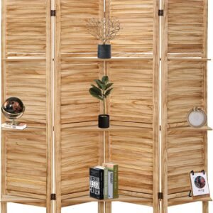 Room Divider with Shelves, 4 Panels Room Dividers and Folding Privacy Screens, 6 Ft Folding Room Screens, Freestanding Portable Wall Divider, Wood Dividers with Display Shelves, Beige