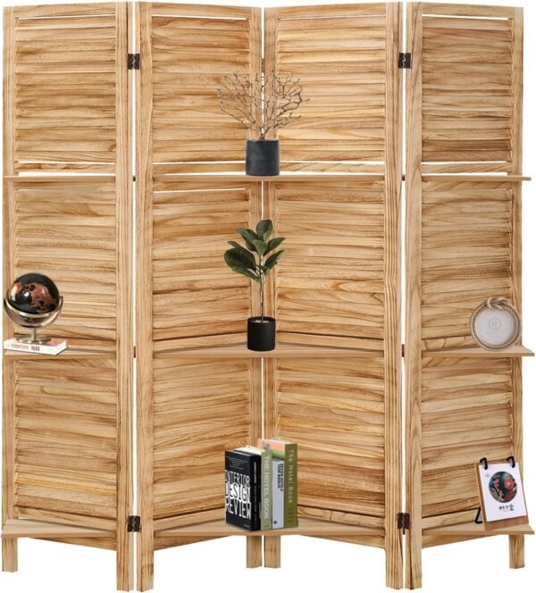 Room Divider with Shelves, 4 Panels Room Dividers and Folding Privacy Screens, 6 Ft Folding Room Screens, Freestanding Portable Wall Divider, Wood Dividers with Display Shelves, Beige