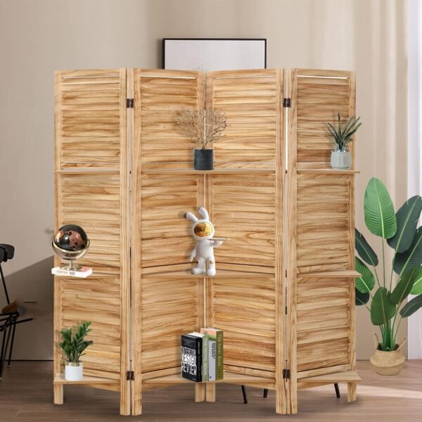 Room Divider with Shelves, 4 Panels Room Dividers and Folding Privacy Screens, 6 Ft Folding Room Screens, Freestanding Portable Wall Divider, Wood Dividers with Display Shelves, Beige - Image 6