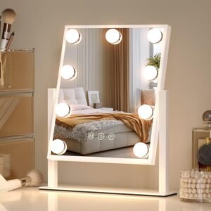 Tabletop Mount Vanity Mirror with Lights Makeup Mirror with with 9 LED Lights Smart Touch Control 3 Colors Light 360° Rotation (White)