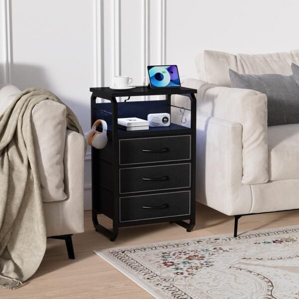 Tall Nightstand Set of 2 with Charging Station, Bed Side Tables Bedroom Set of 2, Black Night Stand Set 2, Bedside Table with 3 Fabric Drawers, Night End Table with Storage for Bedroom, Dorm - Image 7