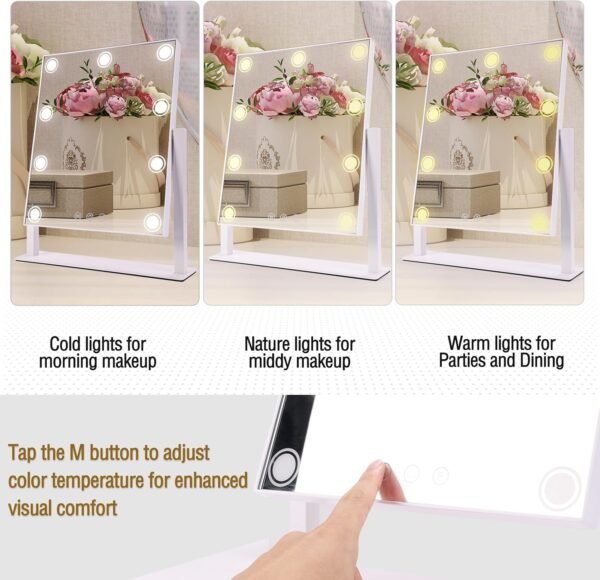 EYMPEU Vanity Mirror with Lights, Hollywood Makeup Mirror with 3 Color Light Modes and 9 Dimable Built in LED Bulbs, Free Rotation Touch-Sensitive Controls Lighted LED Makeup Mirror - Image 3