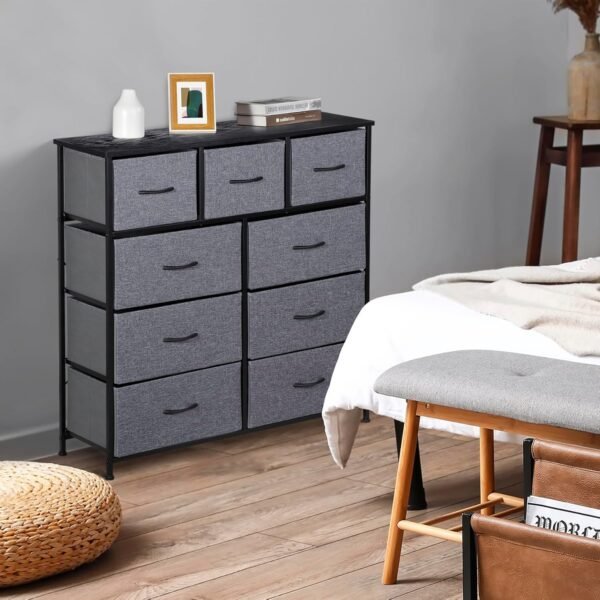 ZENY 9 Drawers Dresser, Fabric Storage Tower, Organizer Unit for Bedroom, Living Room, Hallway, Closet, Nursery, Tall Chest with Fabric Bins, Steel Frame, Wooden Top & Easy Pull Handle (Grey) - Image 9