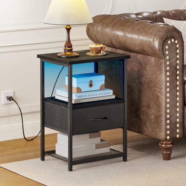 Fixwal Night Stand with Charging Station, LED Nightstand with Fabric Drawers, End Table with PU Finish, Bedside Table, Black - Image 7