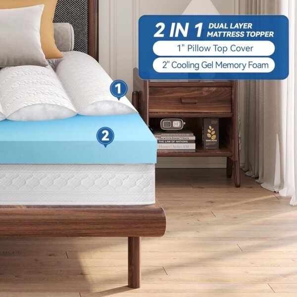 Dual Layer Memory Foam Mattress Topper - AprLeaf 3 Inch Pillow Top Mattress Topper, 2 Inch Cooling Gel Memory Foam and 1 Inch Pillow-Top Cover for Medium Support Relief Back Pain (TwinXL, White) - Image 2