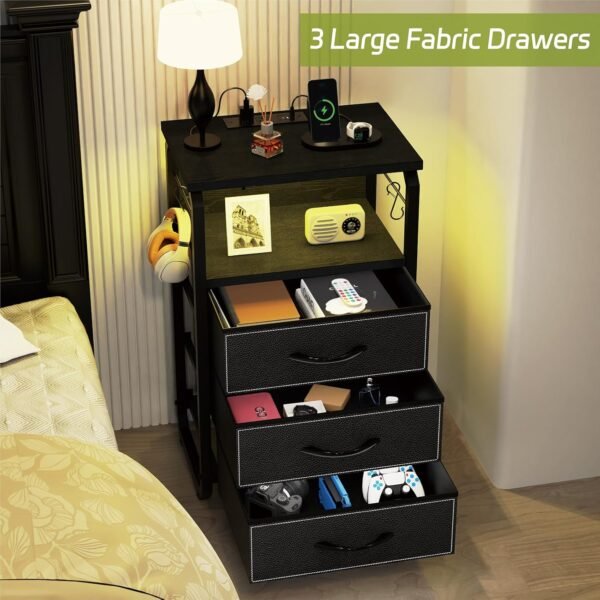 Tall Nightstand Set of 2 with Charging Station, Bed Side Tables Bedroom Set of 2, Black Night Stand Set 2, Bedside Table with 3 Fabric Drawers, Night End Table with Storage for Bedroom, Dorm - Image 6