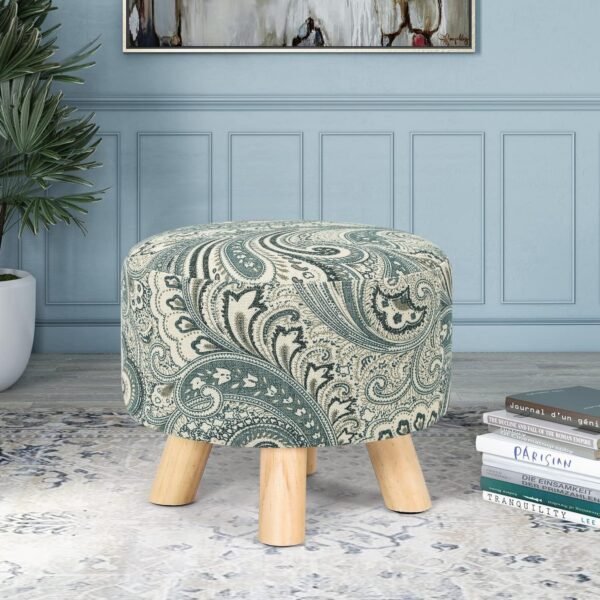 Asense Small Round Ottoman Foot Rest Stool Linen Padded Seat Footstool Ottoman with Non-Skid Wooden Legs (Blue+Beige,Linen) - Image 2