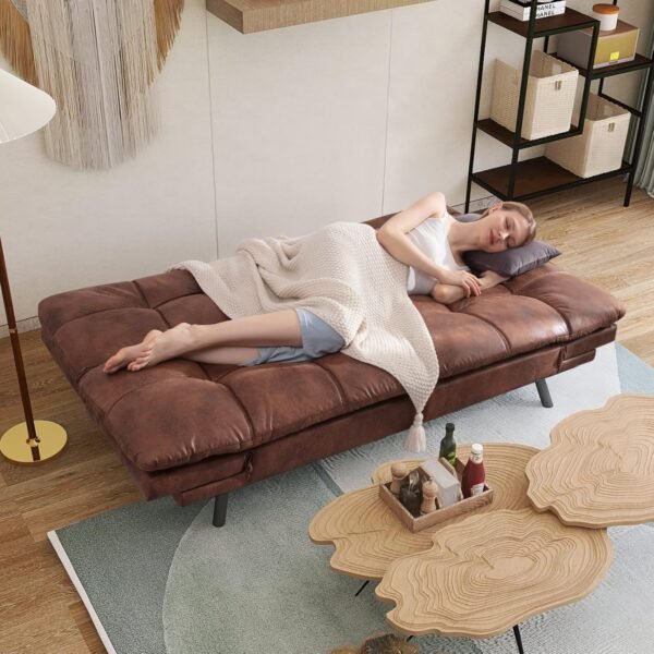 Opoiar Futon Sofa Bed, Memory Foam Couch Bed with Mattress and Frame Included,Comfortable Brown Faxu Leather Loveseat Sleeper Sofa for Dorm Apartment Office College Small Space Bedroom RV Living Room - Image 7