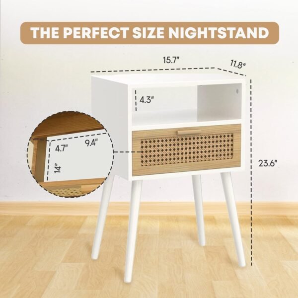 Modern Nightstand Rattan Side Table with Storage | Open Storage & Solid Metal Legs, Mid Century Modern Side Table for Living Room Bedroom Small Spaces (WHITE) - Image 3