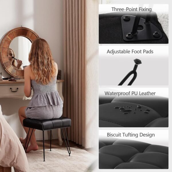 PU Leather Vanity Stools, Vanity Stool Chairs for Makeup Faux Leather Foot Stools Ottoman with Metal Leg Make up Chairs for Vanity Small Bench Seat for Living Room Bedroom (Black) - Image 6