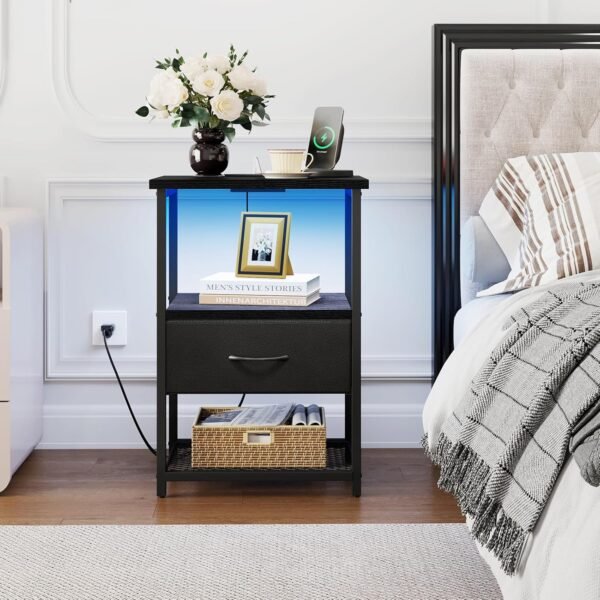Fixwal Night Stand with Charging Station, LED Nightstand with Fabric Drawers, End Table with PU Finish, Bedside Table, Black - Image 8