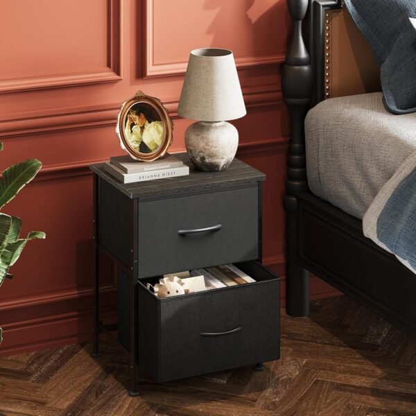 WLIVE Black Nightstand, Small Dresser for Bedroom with 2 Fabric Drawer, Bed Side Table with Drawers, End Table Bedside Furniture, Sturdy Steel Frame, Wood Top, Closet Organizer, College Dorm - Image 2