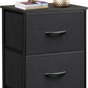 WLIVE Black Nightstand, Small Dresser for Bedroom with 2 Fabric Drawer, Bed Side Table with Drawers, End Table Bedside Furniture, Sturdy Steel Frame, Wood Top, Closet Organizer, College Dorm