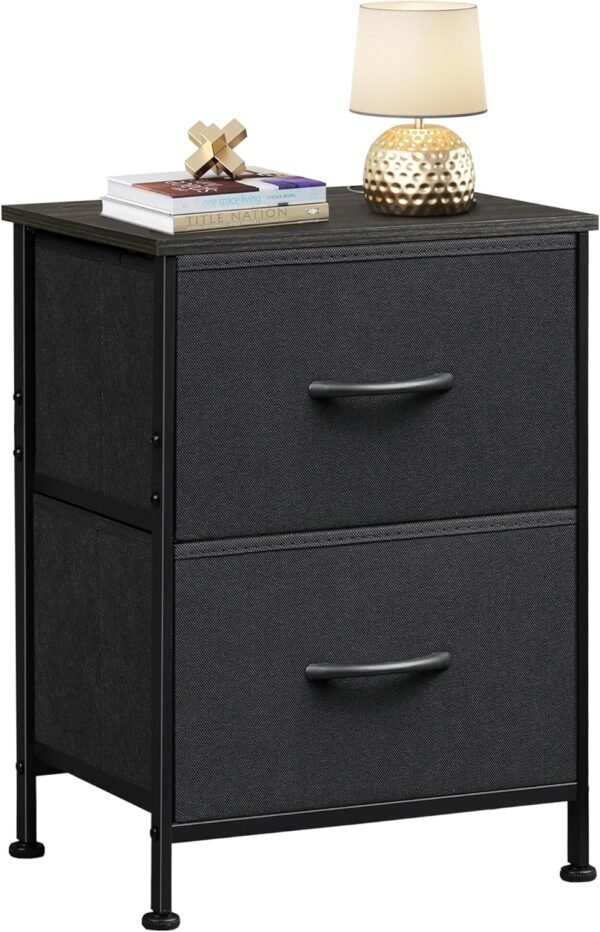 WLIVE Black Nightstand, Small Dresser for Bedroom with 2 Fabric Drawer, Bed Side Table with Drawers, End Table Bedside Furniture, Sturdy Steel Frame, Wood Top, Closet Organizer, College Dorm