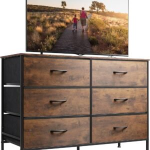 WLIVE Wide Dresser with 6 Drawers, TV Stand for 50 Inches TV, Entertainment Center with Metal Frame, Wooden Top, Fabric Storage Dresser for Bedroom, Hallway, Entryway, Rustic Brown Wood Grain Print