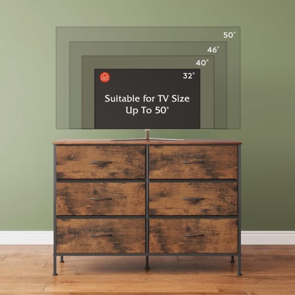 WLIVE Wide Dresser with 6 Drawers, TV Stand for 50 Inches TV, Entertainment Center with Metal Frame, Wooden Top, Fabric Storage Dresser for Bedroom, Hallway, Entryway, Rustic Brown Wood Grain Print - Image 5