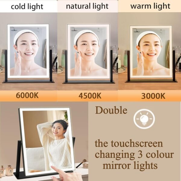 14in White Vanity Mirror with Lights Desktop LED Smart Mirror Lighted Makeup Mirror Cosmetic for Travel 3 Color Modes Dimmable Touch Control,363° Rotation,Gift for Teen Girl - Image 3