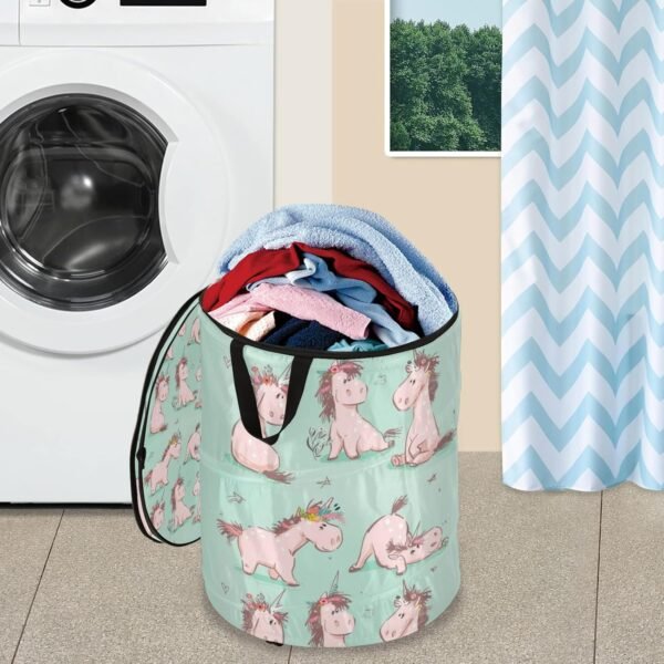 Oyihfvs Seamless Cute Cartoon Pink Fairytale Unicorn Horse on Turquoise Folding Pop Up Laundry Hamper, Portable Basket with Handles Zipper Storage Organizer for Bedroom Bathroom College Dorm Travel - Image 5