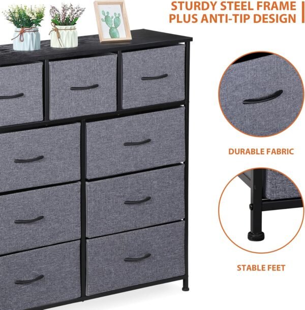 ZENY 9 Drawers Dresser, Fabric Storage Tower, Organizer Unit for Bedroom, Living Room, Hallway, Closet, Nursery, Tall Chest with Fabric Bins, Steel Frame, Wooden Top & Easy Pull Handle (Grey) - Image 4