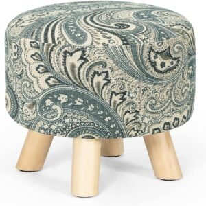 Asense Small Round Ottoman Foot Rest Stool Linen Padded Seat Footstool Ottoman with Non-Skid Wooden Legs (Blue+Beige,Linen)