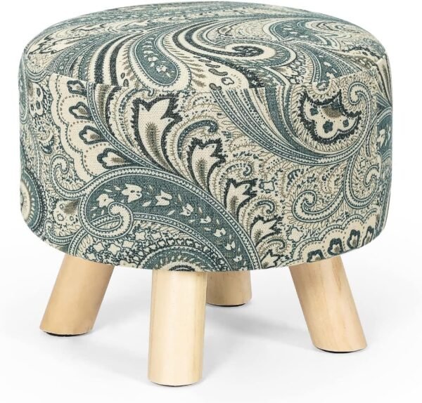 Asense Small Round Ottoman Foot Rest Stool Linen Padded Seat Footstool Ottoman with Non-Skid Wooden Legs (Blue+Beige,Linen)