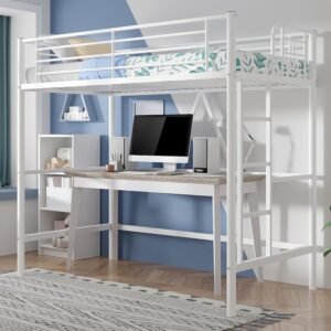 VECELO Loft Bed Twin Size, Metal Bedframe with Removable Ladder and Safety Guardrail, No Box Spring Needed, Space Saving, Noise Free, White